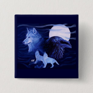 Wolf und Raven mit Vollmond Button