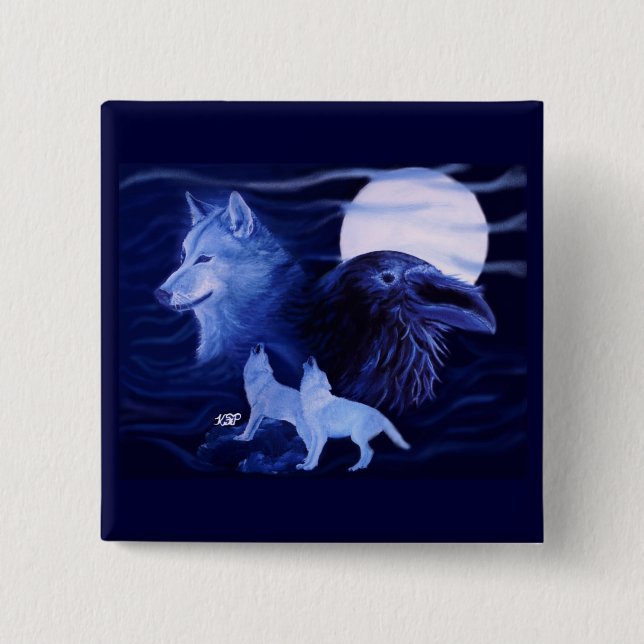 Wolf und Raven mit Vollmond Button (Vorderseite)