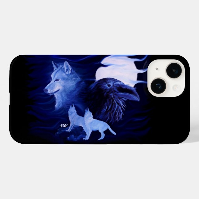Wolf und Raven mit Vollmond Case-Mate iPhone 14 Hülle (Rückseite (Horizontal))