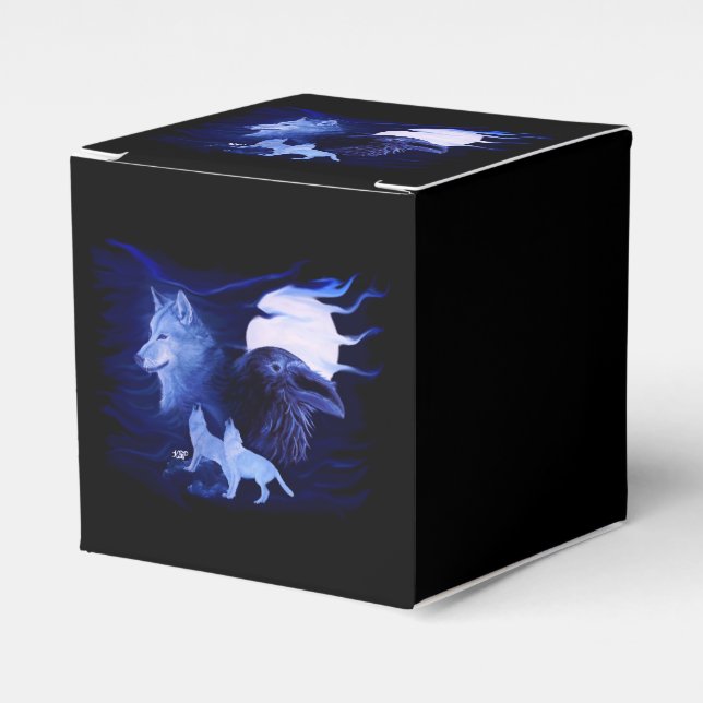 Wolf und Raven mit Vollmond Geschenkschachtel (Vorderseite)