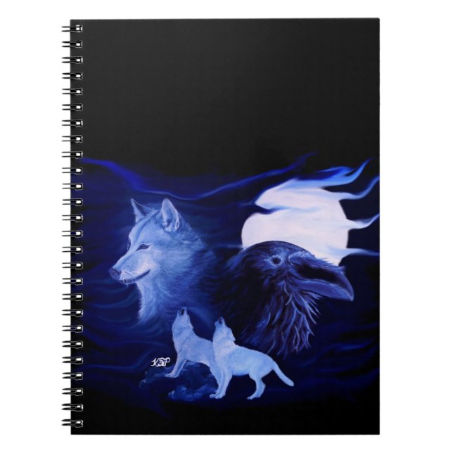 Wolf und Raven mit Vollmond Notizblock (Vorderseite)