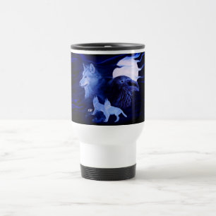 Wolf und Raven mit Vollmond Reisebecher