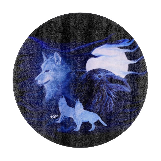 Wolf und Raven mit Vollmond Schneidebrett (Vorderseite)