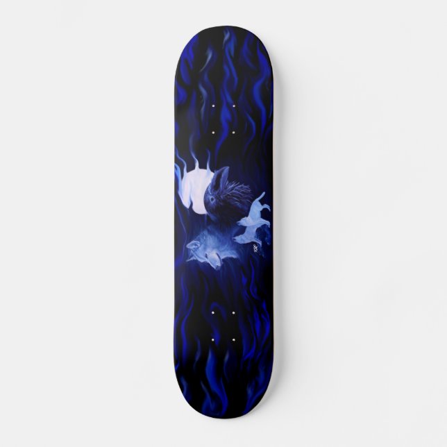 Wolf und Raven mit Vollmond Skateboard (Vorderseite)