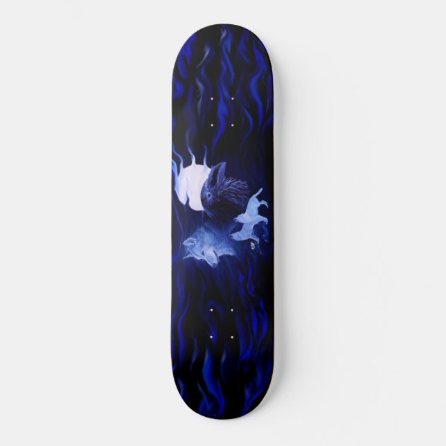 Wolf und Raven mit Vollmond Skateboard (Vorderseite)