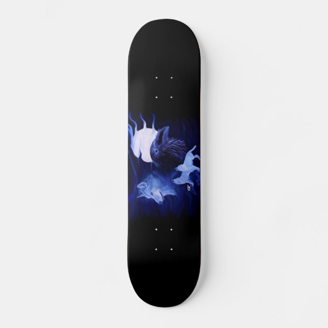 Wolf und Raven mit Vollmond Skateboard (Vorderseite)