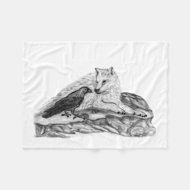 Wolf und Raven - Schwarz-Weiß-Design Fleecedecke (Vorderseite (Horizontal))