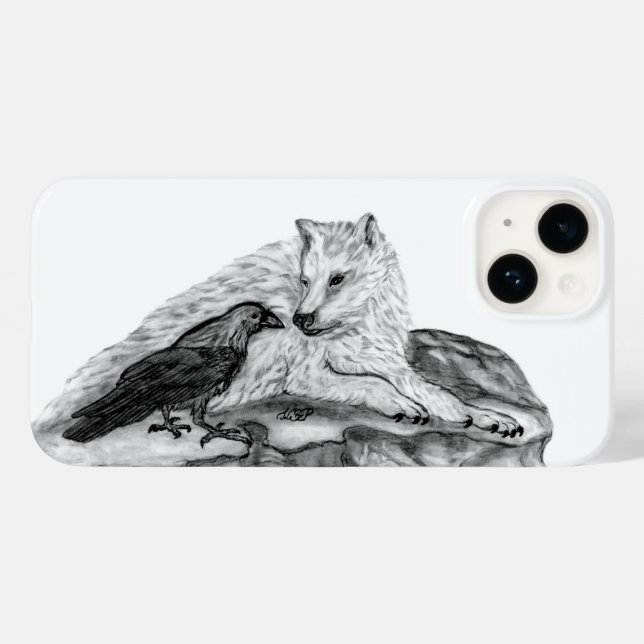 Wolf und Raven Schwarzweiß-Design Case-Mate iPhone 14 Hülle (Rückseite (Horizontal))