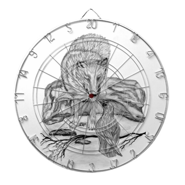 Wolf und Raven Schwarzweiß-Design Dartscheibe (vorne)
