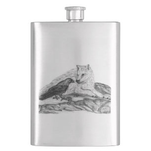 Wolf und Raven Schwarzweiß-Design Flachmann