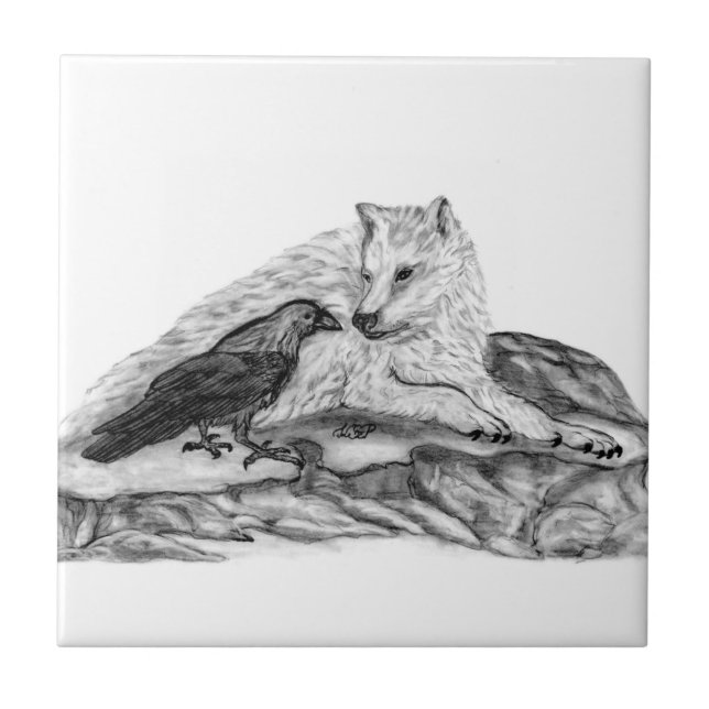 Wolf und Raven Schwarzweiß-Design Fliese (Vorderseite)
