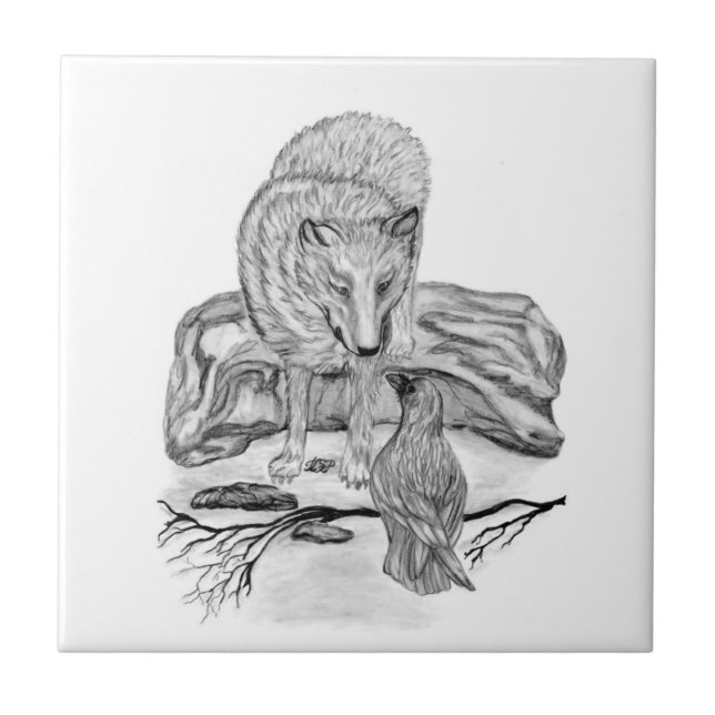 Wolf und Raven Schwarzweiß-Design Fliese (Vorderseite)