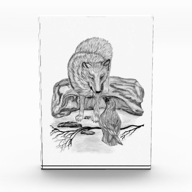 Wolf und Raven Schwarzweiß-Design Fotoblock (Vorderseite)
