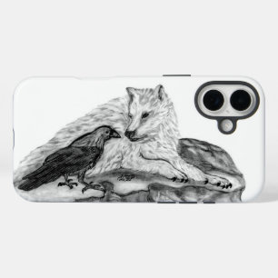 Wolf und Raven Schwarzweiß-Design iPhone 16 Plus Hülle