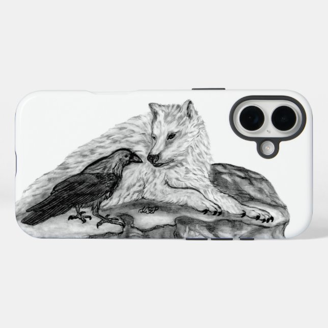 Wolf und Raven Schwarzweiß-Design iPhone 16 Plus Hülle (Rückseite (Horizontal))