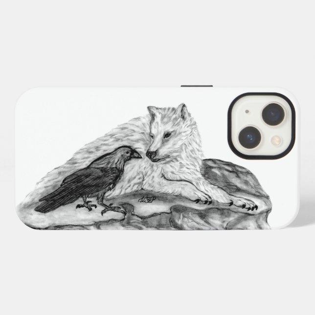 Wolf und Raven Schwarzweiß-Design iPhone Hülle (Rückseite (Horizontal))