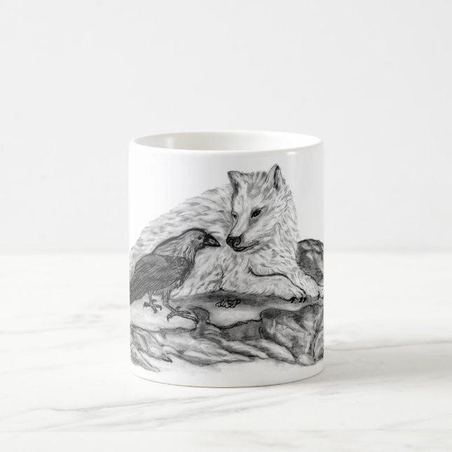 Wolf und Raven Schwarzweiß-Design Kaffeetasse (Mittel)