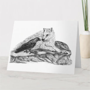 Wolf und Raven Schwarzweiß-Design Karte