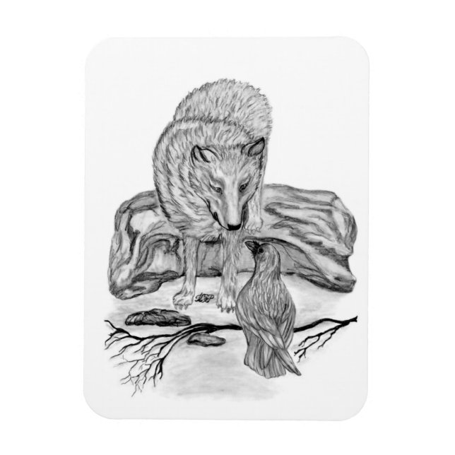 Wolf und Raven Schwarzweiß-Design Magnet (Vertikal)