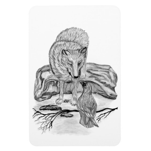 Wolf und Raven Schwarzweiß-Design Magnet (Vertikal)