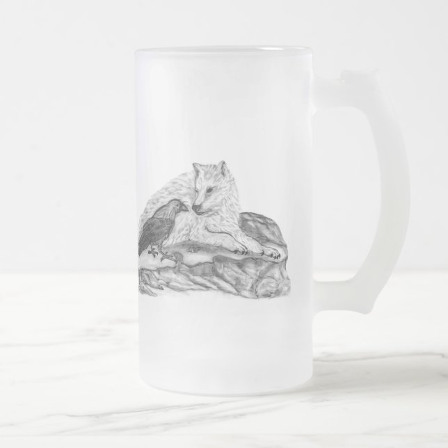 Wolf und Raven Schwarzweiß-Design Mattglas Bierglas (Rechts)
