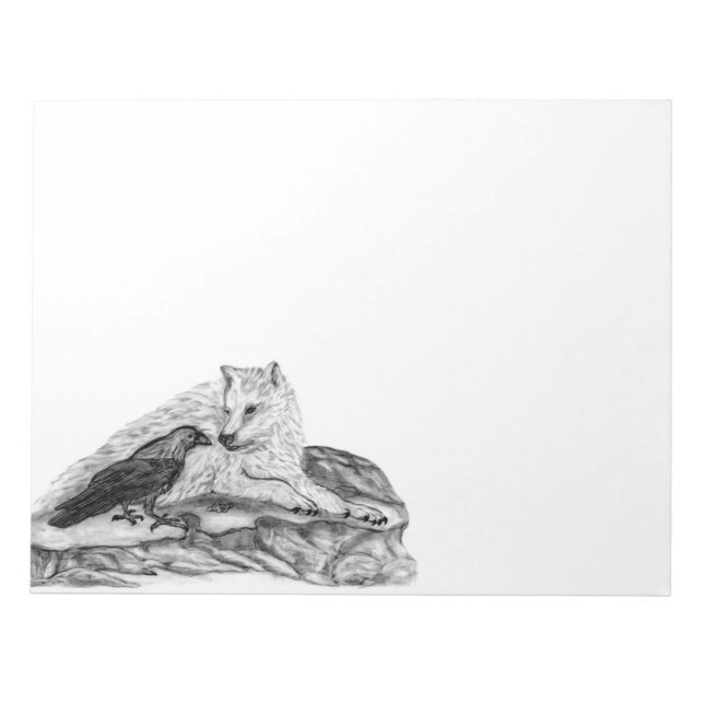 Wolf und Raven Schwarzweiß-Design Notizblock (Vorderseite)