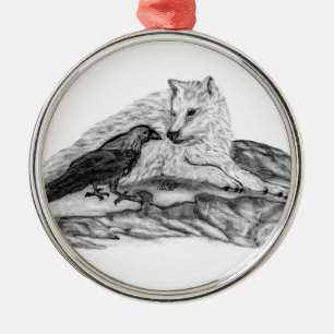 Wolf und Raven Schwarzweiß-Design Ornament Aus Metall