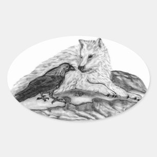 Wolf und Raven Schwarzweiß-Design Ovaler Aufkleber
