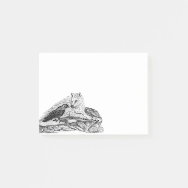Wolf und Raven Schwarzweiß-Design Post-it Klebezettel (Vorderseite)