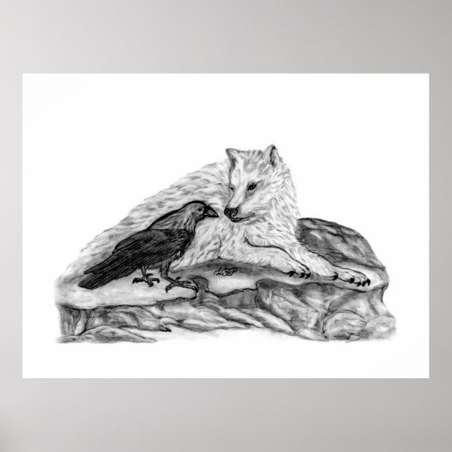 Wolf und Raven Schwarzweiß-Design Poster (Vorne)