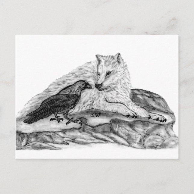 Wolf und Raven Schwarzweiß-Design Postkarte (Vorderseite)