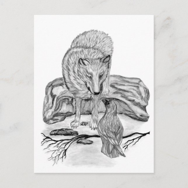 Wolf und Raven Schwarzweiß-Design Postkarte (Vorderseite)