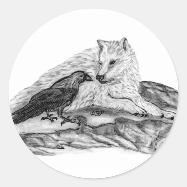 Wolf und Raven Schwarzweiß-Design Runder Aufkleber (Vorderseite)