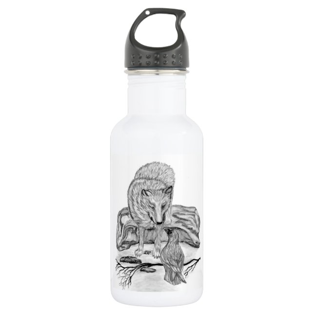 Wolf und Raven Schwarzweiß-Design Trinkflasche (Vorderseite)