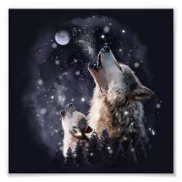 Wolf und Welpen heulen auf dem Mond Fotodruck