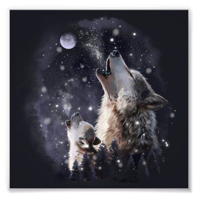 Wolf und Welpen heulen auf dem Mond Fotodruck (Vorne)