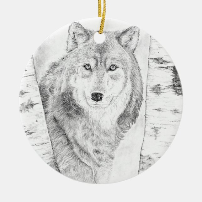Wolf unter Birch Trees Keramik Ornament (Vorne)