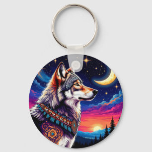 Wolf unter dem Halbmond bei Nacht Schlüsselanhänger