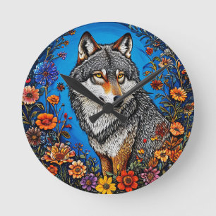 Wolf unter lebendigen Blumen Runde Wanduhr