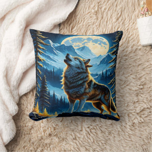 Wolf unter Vollmond in der Berglandschaft ziehen Kissen