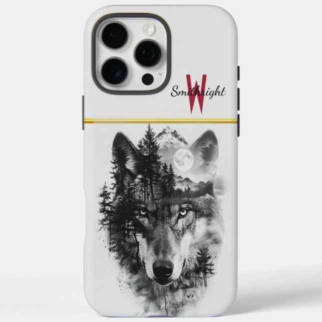 Wolf verschmilzt mit mondbeleuchteter Waldszene iPhone 16 Pro Max Hülle (Rückseite)