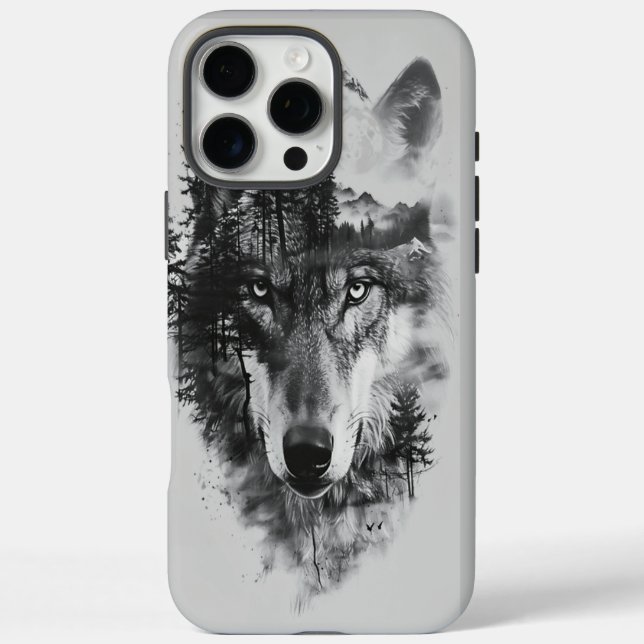 Wolf verschmilzt mit mondbeleuchteter Waldszene iPhone 16 Pro Max Hülle (Rückseite)