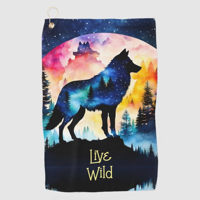 Wolf Vollmond-Aquarellbäume Golfhandtuch (Vorderseite)