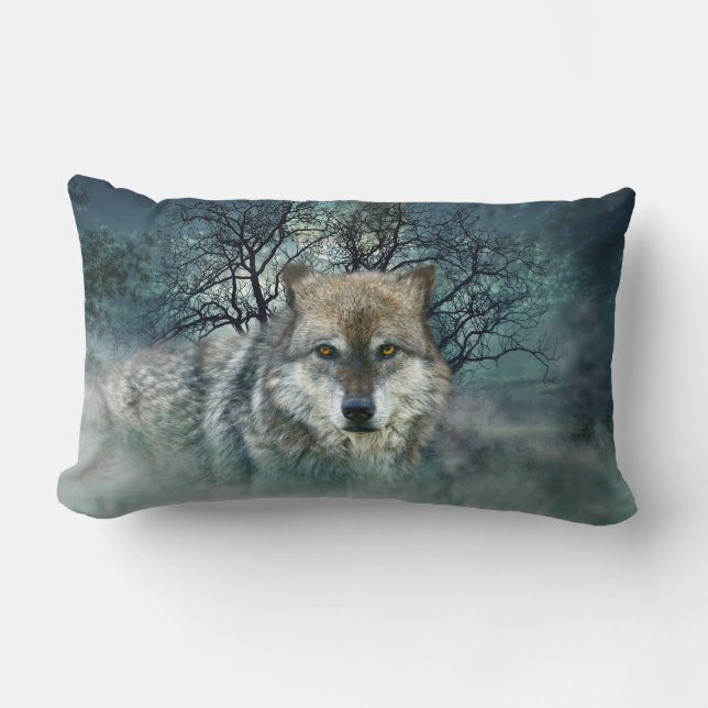 Wolf-Vollmond im Nebel Lendenkissen (Vorderseite)
