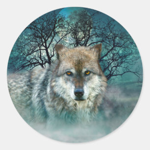 Wolf-Vollmond im Nebel Runder Aufkleber