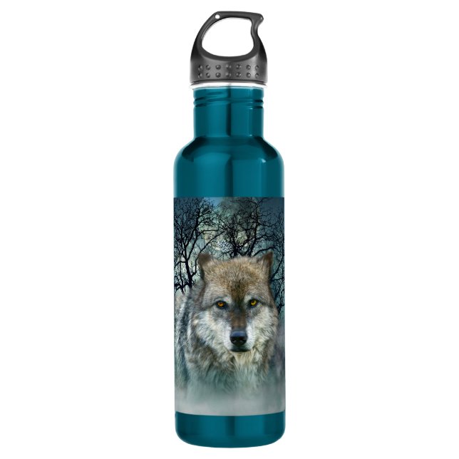 Wolf-Vollmond im Nebel Trinkflasche (Vorderseite)