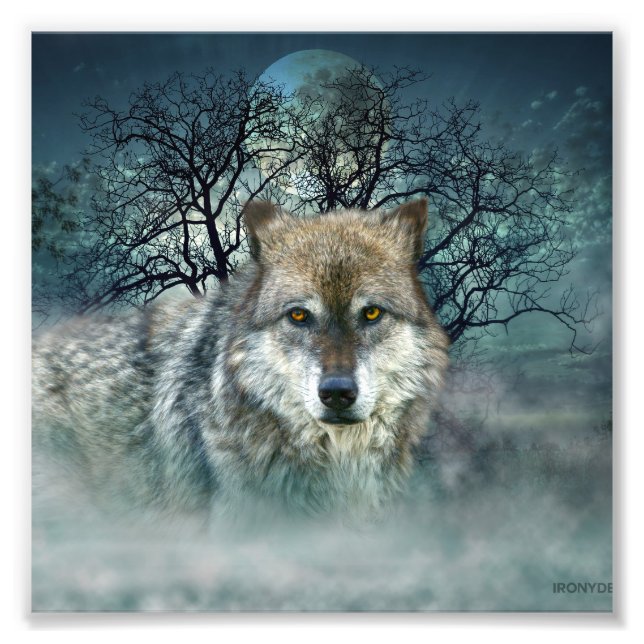 Wolf Vollmond in Nebel Fotodruck (Vorne)