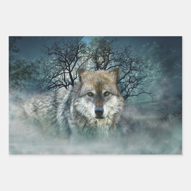 Wolf Vollmond in Nebel Geschenkpapier Set (Vorderseite)