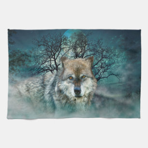 Wolf Vollmond in Nebel Geschirrtuch