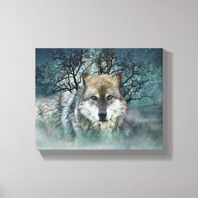 Wolf Vollmond in Nebel Leinwanddruck (Vorderseite)